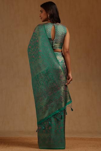 Soch Womens Teal GreenTussar Floral Woven Design Saree