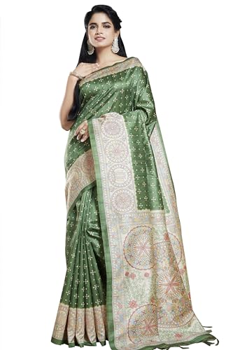 RANI SAAHIBA Women's Printed Art Tussar Silk Madhubani Saree With Blouse Piece (SKR11664_Olive Green)