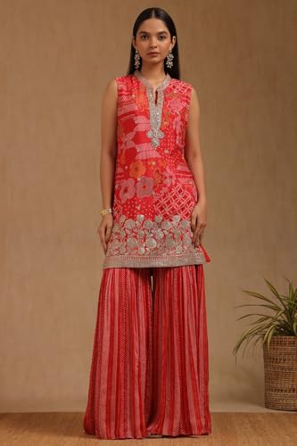 Soch Womens Red Chinon Bandhani Print Suit Set With Zardosi