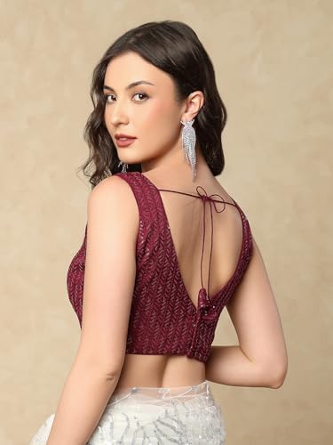 S SALWAR STUDIO Wine Georgette V-Neck Readymade Sleeveless Saree Blouse