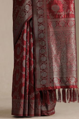 Soch Womens Maroon Tussar Floral Print Saree With Zari Woven