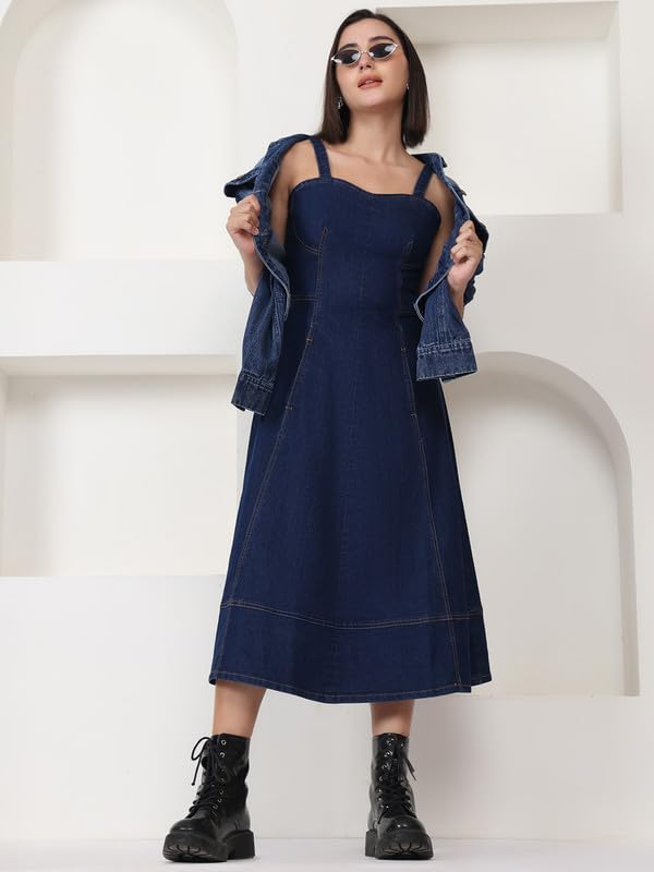Puella Women’s Dark Blue Sleeveless Flared Denim Midi Dress | Sweetheart Neck | Fit & Flare Style | Stretchable Cotton | Casual Western Dress