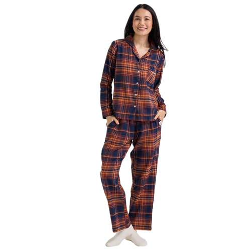 NYKD (NYS902 Cotton Checked Coords Set Night Suit for Women | Relaxed Fit, Collar Neckline Shirt with Full Sleeves & Pants| Perfect for Sleep & Lounge Wear (Navy & Brown, 2XL)