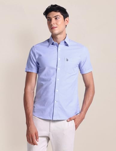 U.S. POLO ASSN. Mens Half Sleeve Oxford Stretch Shirts (USSHTC0011H_Blue_M)
