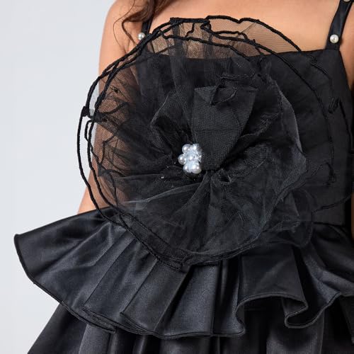 Hopscotch Girls Floral Applique Pearl Dress with Headband in Black Color for Age (4-5 Years)