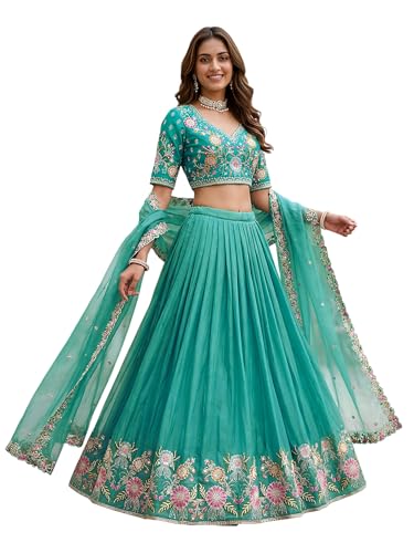 Zeel Clothing Women's Zari Sequins Embroidered Work Crush Silk Lehenga Choli With Dupatta (5138-SkyBlue-Women-Lehenga-Choli; Free size)