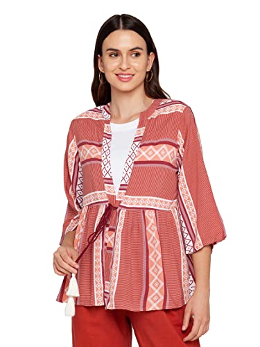 Zink London Women's Rayon Printed Tie-Up Round Neck Shrug (Red, Medium)