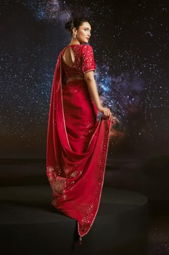 Taneira Women Red Pure Silk Cotton Embroidered Saree with Unstitched Blouse Piece (SAPP01AA1376-Red)