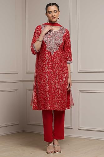 Biba Women Green-Maroon Cotton Straight Printed Suit Set_36