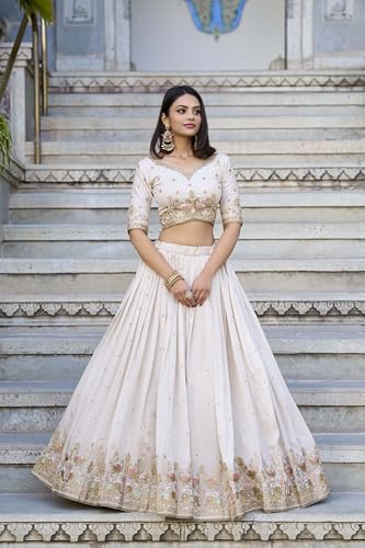 JIHU CULTURE Off-White Vichitra Silk Fabric Thread Embroidery Work Semi Stitched Lehenga Choli With Dupatta Set For Women, 44