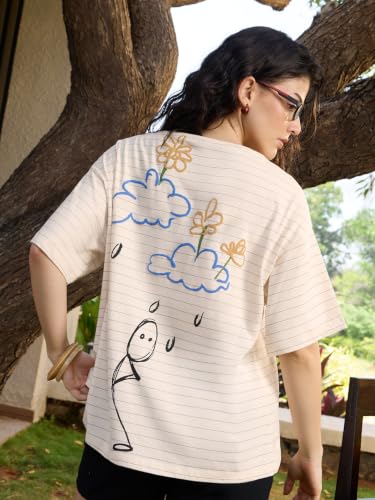 The Souled Store in My Head: Women and Girls Short Sleeve Round Neck Off White Graphic Printed Cotton Oversized Breathable Streetwear Casual Everyday T-Shirts