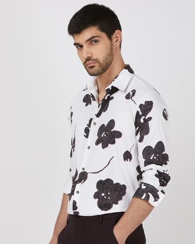 MUFTI Men Shirt | Slim Fit Full Sleeve Spread Collar Floral Print Design | 100% Cotton Sateen Fabric for Party & Smart Casual Wear| Bright Snow White 6XL
