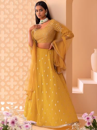 Zeel Clothing Women's Georgette Embroidered Fabric Sequins Embroidered New Lehenga Choli with Dupatta (5071-Yellow-Wedding-Designer-Latest; Free Size), Customizable Length