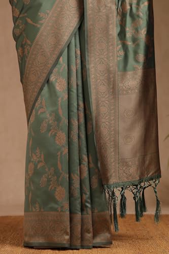 Soch Womens Sap Green Tussar Floral Print Saree