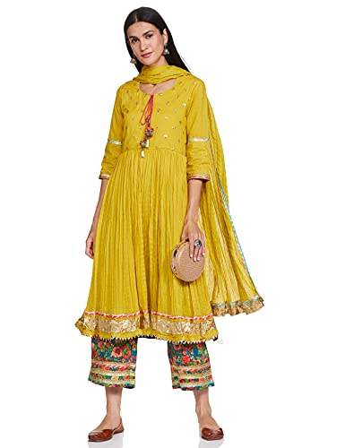 BIBA Women Cotton SOLID STRAIGHT SALWAR KURTA DUPATTA(SKD7670_LIME GREEN_36)