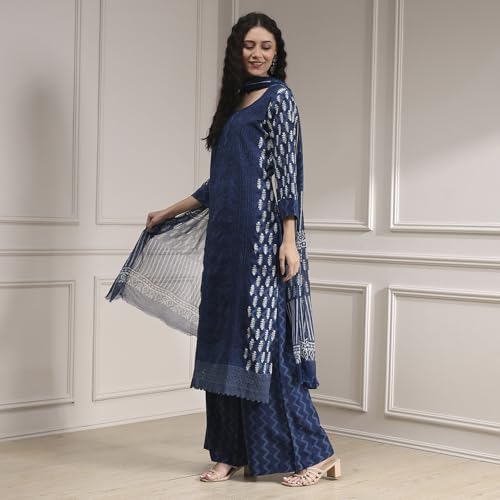 Biba Women Blue Cotton Hand Embroidered Unstitched Suit Set FREE SIZE