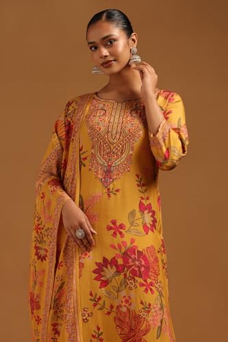 Soch Womens Mustard Muslin Floral Suit Set With Bead Details