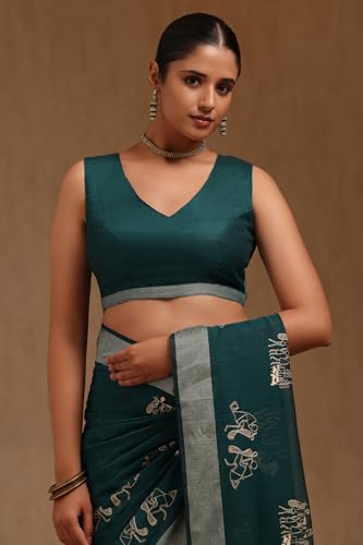 Soch Womens Green Chanderi Warli Print Saree With Thread Work