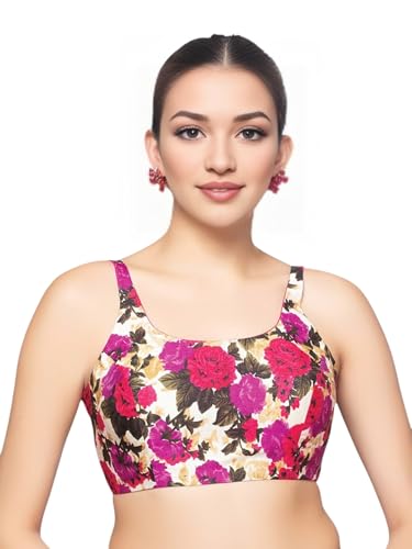 Biyu Women's Art Silk Floral Solid Round Neck Sleeveless Readymade Saree Blouse (Multi, 40)