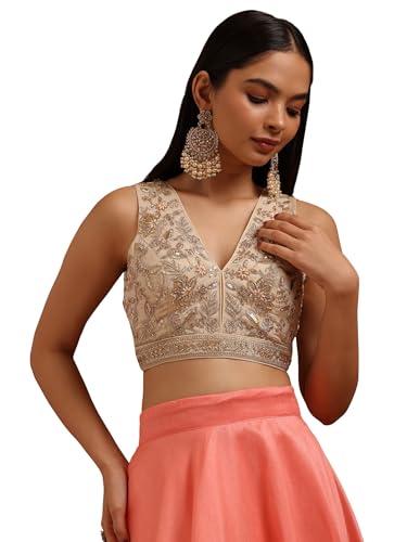 Soch Womens Light Yellow Tissue Embroidered Padded Blouse with Zari