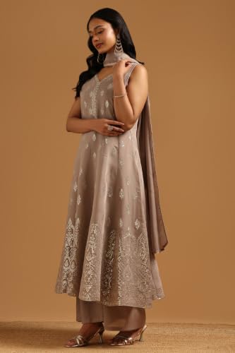 Soch Womens Grey Chanderi Botanical Zari Woven Salwar Suit With Zardosi