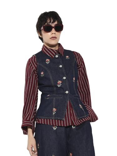 ONLY Women's Embroidered Regular Fit Blue Waistcoat