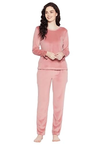 Clovia Women's Velour Solid Top & Pyjama Set (LSW682R22_Pink_M)