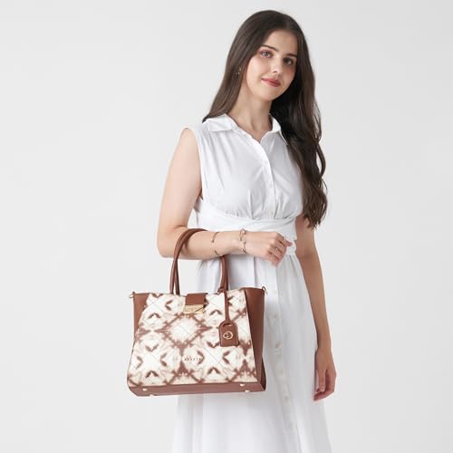 Caprese Shibori Large Satchel Bag for Women | Printed Faux Leather Shoulder Bag with Adjustable & Detachable Strap and Multi-Compartments | Zipper Closure | Everyday Office,Travel & Casual Use (Brown)