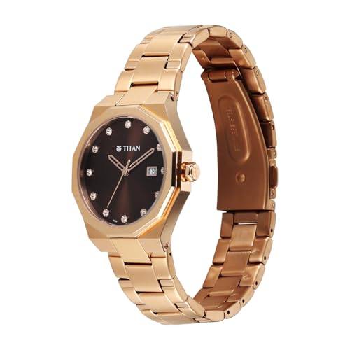 Titan Ladies Purple Radiance with Brown Dial Rose Gold Metal Strap Watch for Women - 95376WM01