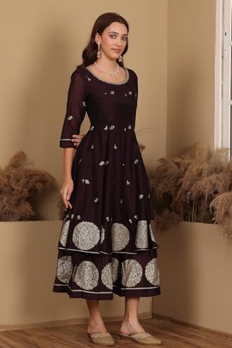 W for Woman Purple Floral Printed Dori Embroidered Chanderi Flared Kurta with Mock Layer and Dupatta Set (Size: M)-24AUWS11194-124358