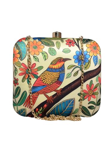 Artklim Beige Based Bird Printed Clutch