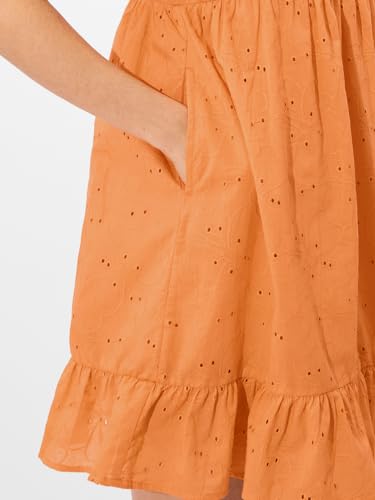 The Souled Store Cutwork Dress: Orange Women and Girls V Neck Sleeveless Cotton Mini Dresses