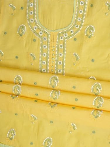 Ada Hand Embroidered Lucknowi Chikankari Unstitched Cotton Dress Material Suit Piece with Dupatta for Women 01A879665 Yellow