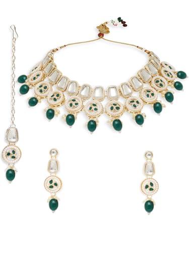 OOMPH Jewellery Green Kundan & Pearls Necklace Set with Drop Earrings & Maangtikka For Women & Girls Stylish Latest (STSET163_Z)- For Women & Girls Stylish Latest