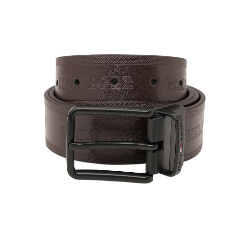Tommy Hilfiger Men's Voborg Reversible Leather Belt - Embossed Logo Pattern - Dual Brown & Black For Classic Casual Styling & Gifting | Size M - 90 CM