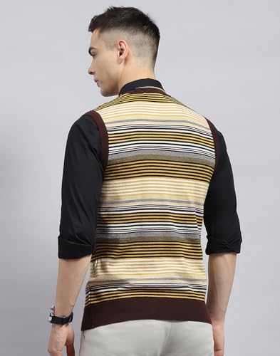 Monte Carlo Mens Yellow & Brown Striped V Neck Sleeveless Sweater (1239371SL-2-42)