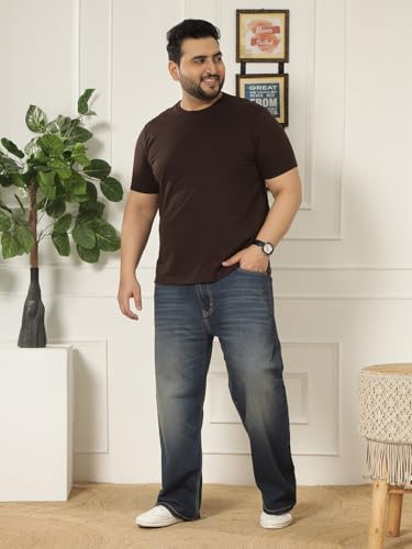 JOHN PRIDE Plus Size Men Regular Fit Solid Short Sleeves Brown Round Neck T-Shirt (JPTSR3501S_4XL_Brown)