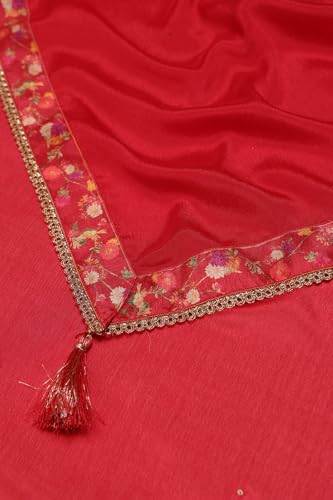 Soch Womens Red Chinon Floral Print Suit Set With Thread Work
