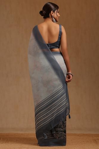 Soch Womens Grey Chanderi Digital Print Saree