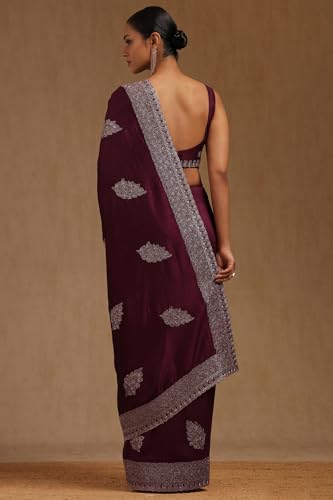 Soch Womens Magenta Tussar Embroidered Saree With Stone Work