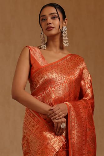 Soch Womens Orange Tussar Zari Woven Saree