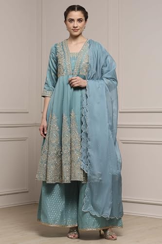 Biba Women Blue Silk Chanderi Anarkali Suit Set_42