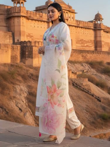 INDO ERA Women's Cotton Blend Embroidered Thread Work A-Line Kurta & Pant with Dupatta Set (X-Large) | Pure Cotton Kurta Set For Women With Dupatta