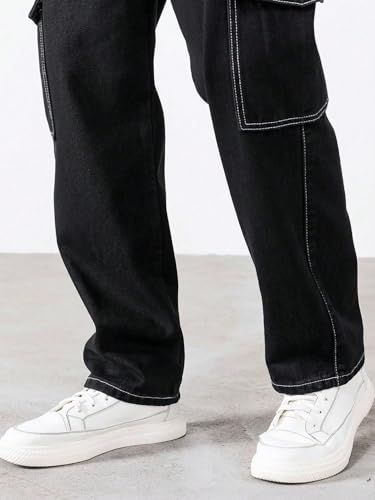KOTTY Men's Solid Loose Fit Street Style Utility Wear Baggy Cargo Jeans(Black,28)