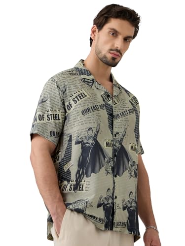 The Souled Store Superman: It's in The News Men and Boys Short Sleeves Collared Neck Button Front Grey All Over Printed Regular Fit Rayon Holiday Shirts