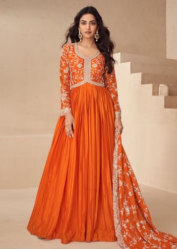 Shampysky Women's Orange Chinon Stitched Gown With Dupatta Full Sleeve Embroidered Anarkali Gown (SSW-1244-Orange-XXL)