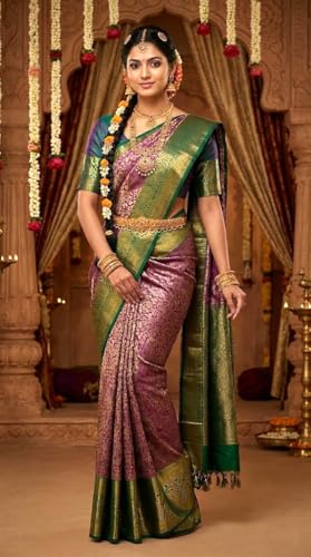 VFCollections Women's Traditional Handloom Kanchipuram Silk Pure Pattu Sarees | Rich Zari Woven Design | Unstitched Blouse (Vfc297-1), Multi