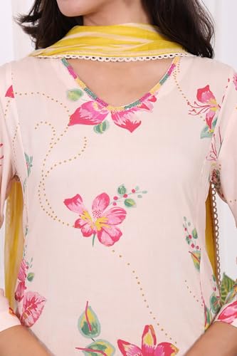 W for Woman Off-White Floral Printed Beaded Modal Straight Kurta, Pants and Dupatta Set - (WS13669-126956-L)