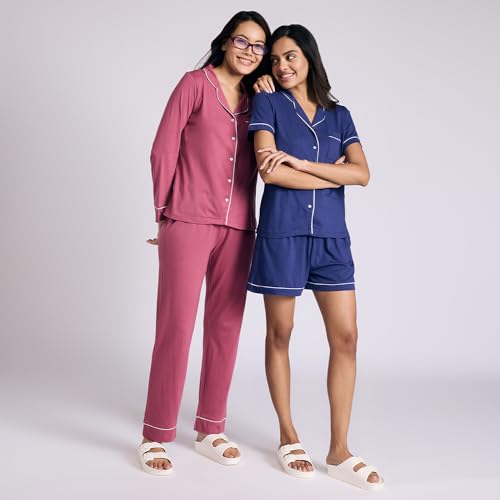 NYKD By Nykaa Buttery Soft Cotton Modal Button-Down Pyjama Set of 2 Nys926 Navy