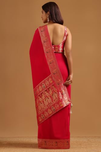 Soch Womens Fuchsia Satin Ethnic Motifs Zari Woven Saree